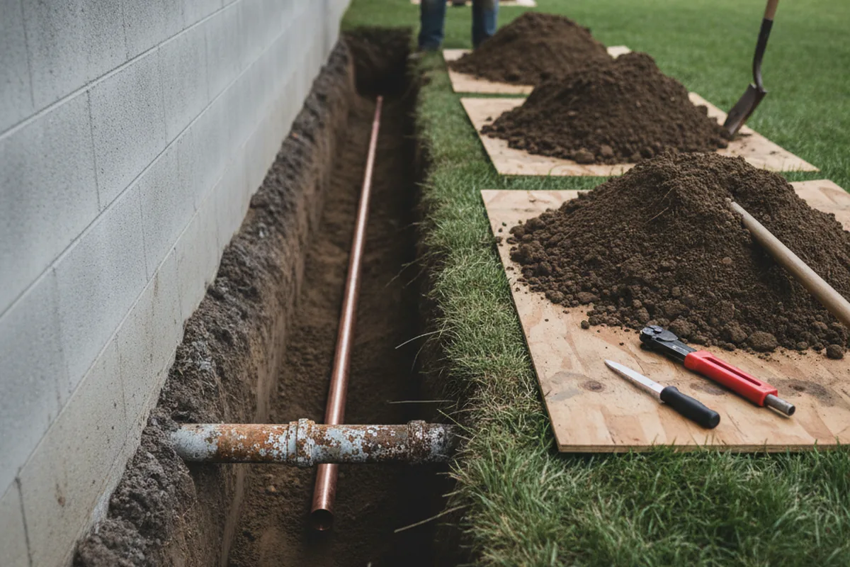 Excavated water line trench during Sewer Line Repair in Flat Rock